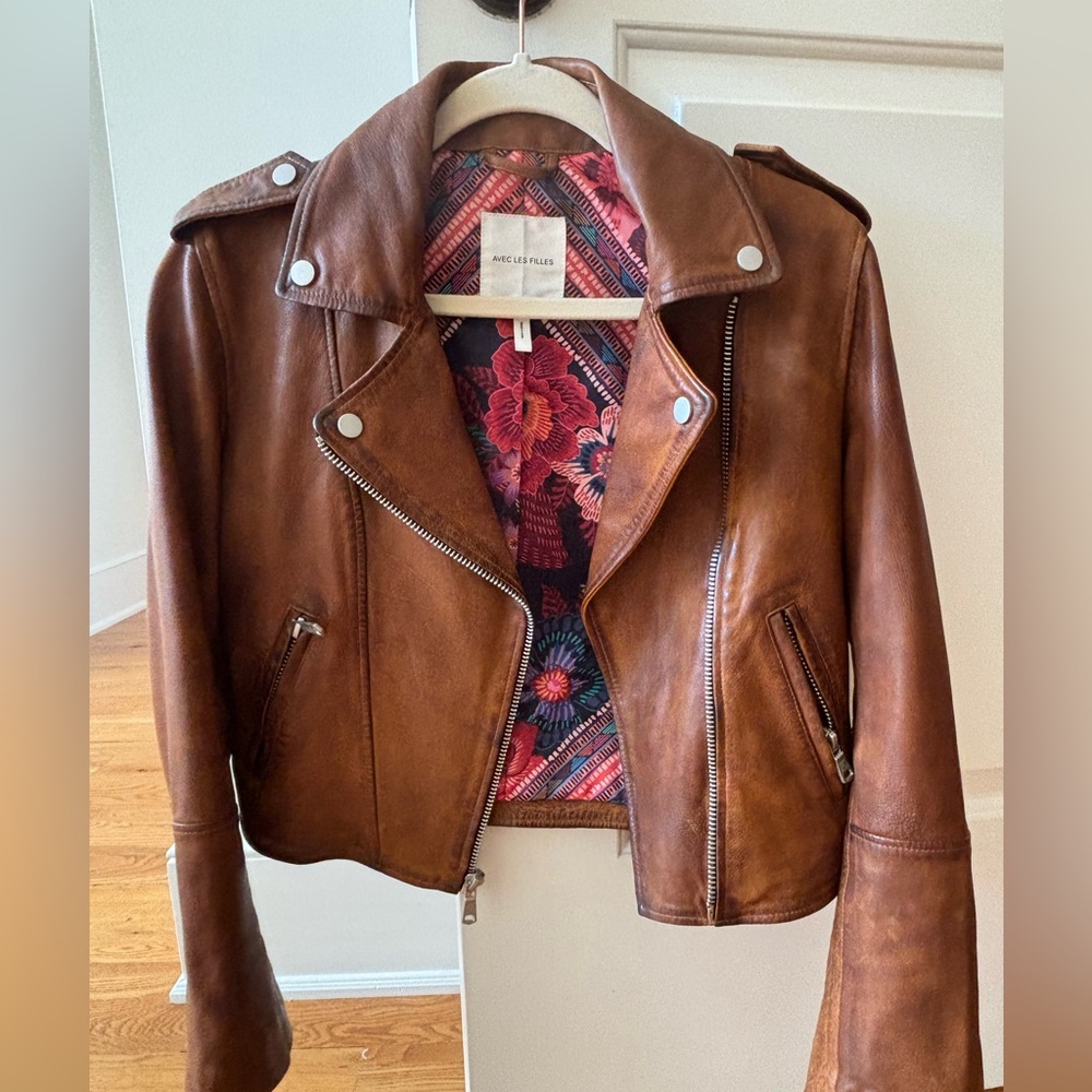 Avec Les Filles Brown Leather Biker Jacket with floral lining Size Small